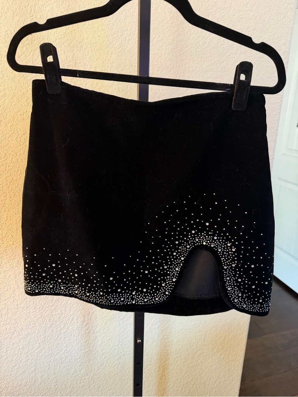Zara Black Velvet Mini Skirt with Silver Rhinestone Arc